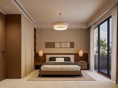Modern Bedroom Interior With Wooden Wardrobes Pendant Light Bed Nightstands And Floor To Ceiling Windows 3d model