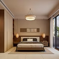 Modern Bedroom Interior With Wooden Wardrobes Pendant Light Bed Nightstands And Floor To Ceiling Windows