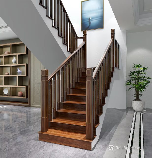 Wooden Staircase With Handrail Balusters Bookshelf Decorative Items And Potted Plant In Modern Home Interior 3d model 