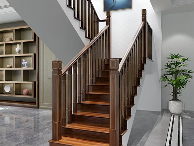 Wooden Staircase With Handrail Balusters Bookshelf Decorative Items And Potted Plant In Modern Home Interior 3d model