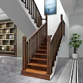 Wooden Staircase With Handrail Balusters Bookshelf Decorative Items And Potted Plant In Modern Home Interior