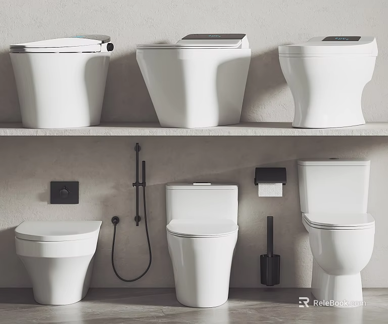 Various Modern Style Toilets Displayed on Shelf with Different Designs and Shapes 3d model 