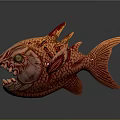 Vibrant Red Fierce Aquatic Fish Model With Sharp Teeth Spiky Fins And Green Eyes