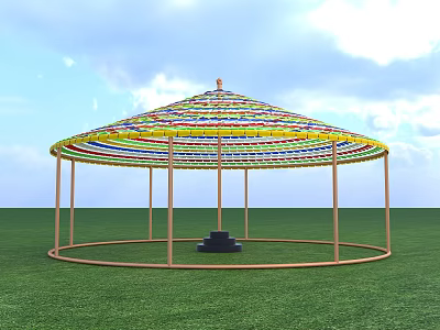 Colorful Striped Circular Photo Spot With Pillars On Green Grass Under Blue Sky 3d model