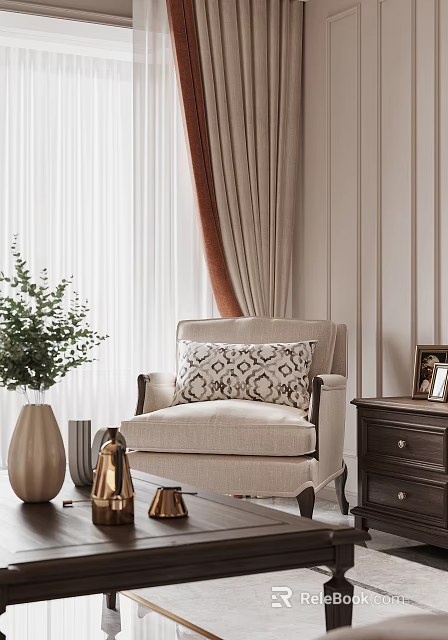 Stylish Beige Lounge Chair With Geometric Patterned Cushion Green Plant and Dark Wooden Side Table 3d model 