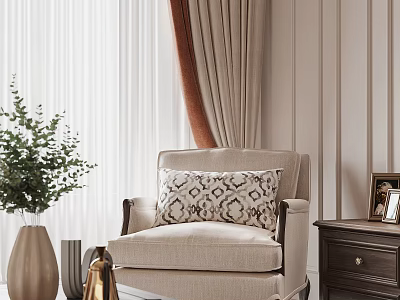 Stylish Beige Lounge Chair With Geometric Patterned Cushion Green Plant and Dark Wooden Side Table 3d model