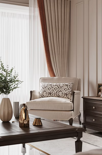 Stylish Beige Lounge Chair With Geometric Patterned Cushion Green Plant and Dark Wooden Side Table 3d model