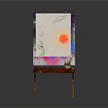 Easel with Musical Instrument Painting and Art Supplies Including Paint Brushes