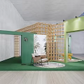 i HOME Exhibition Booth Design With Green Structure Wooden Lattice Yellow Chair And Grass Floor