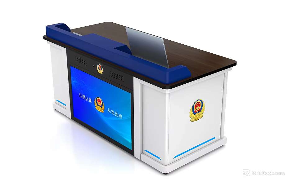 Functional Police Desk With Blue And White Design Screen And Badge 3d model 