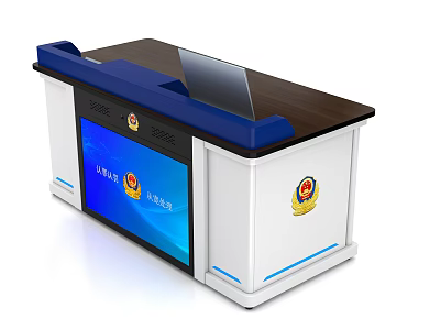 Functional Police Desk With Blue And White Design Screen And Badge 3d model