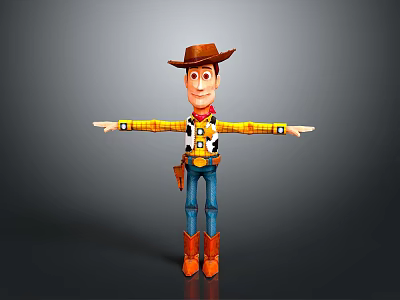 3D Toy Cowboy Character With Brown Hat Yellow Plaid Shirt Blue Jeans And Arms Outstretched 3d model