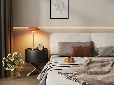 Cozy Bedroom Bedside Table With Table Lamp Clock And Flowers Next To Bed With Pillows 3d model