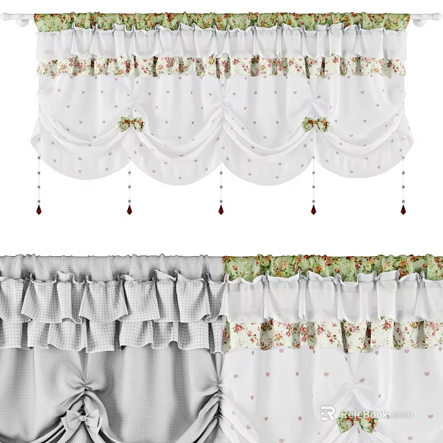 Elegant Roman Curtains With Floral Patterns Lace Trim And Tassel Accents 3d model 