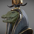 Mythical Egyptian Game Movie Character With Crocodile Head Golden Headdress And Ankh Symbol