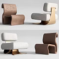 Modern Single Seater Sofa In Brown And Beige Leather With Curved Design Metal Base