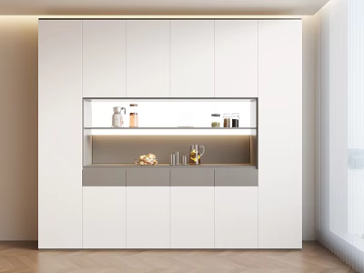 Modern Minimalist Sideboard Design With White Cabinet Doors Open Shelf And Built-in Lighting 3d model