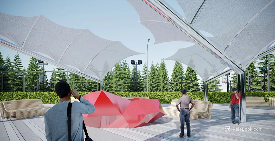 Tensile Membrane Structure In Outdoor Public Space With Green Trees And Red Sculpture 3d model 