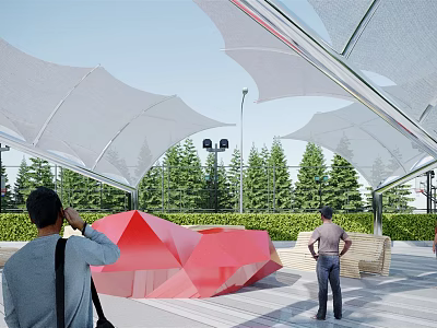 Tensile Membrane Structure In Outdoor Public Space With Green Trees And Red Sculpture 3d model