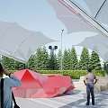 Tensile Membrane Structure In Outdoor Public Space With Green Trees And Red Sculpture