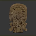 Ancient Deity Wooden Carving With Intricate Head Ornaments And Clothing Details On Gray Gradient Background