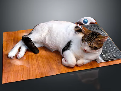 Relaxed Cat Lying On Wooden Mat With Computer Keyboard And Mouse 3d model