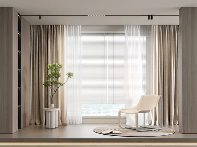 Modern Beige Curtain Interior With White Chair Green Plant And Wooden Blinds 3d model