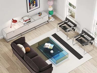 Modern Brown Sofa With Transparent Glass Coffee Table Black Chairs Striped Rug And Wall Art 3d model