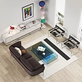 Modern Brown Sofa With Transparent Glass Coffee Table Black Chairs Striped Rug And Wall Art