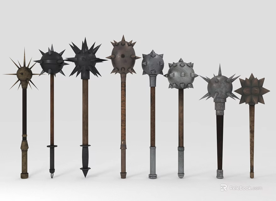 Collection Of Medieval Spiked Maces With Various Metal Heads And Wooden Handles 3d model 