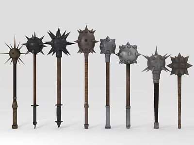 Collection Of Medieval Spiked Maces With Various Metal Heads And Wooden Handles 3d model
