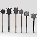 Collection Of Medieval Spiked Maces With Various Metal Heads And Wooden Handles