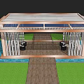 Modern Pergola Design With Striped Columns Wooden Platform And Lawn Area