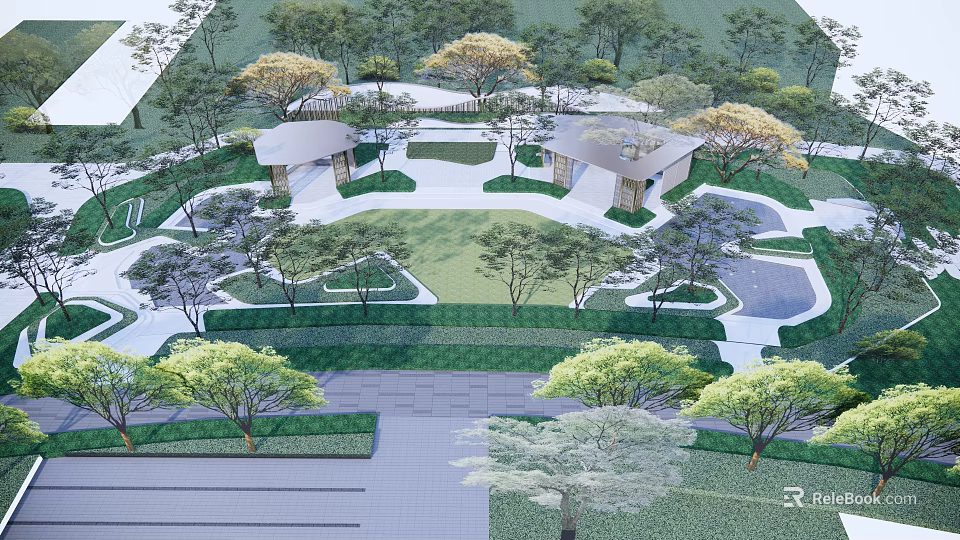 Scenic Park Landscape Design with Lush Greenery Winding Walkways and Wooden Pavilions 3d model 