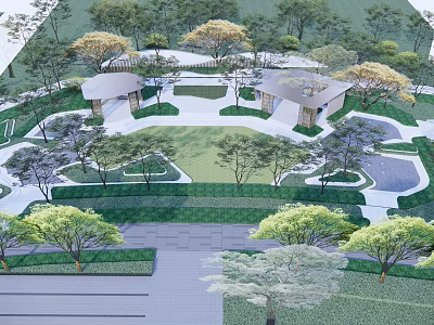 Scenic Park Landscape Design with Lush Greenery Winding Walkways and Wooden Pavilions 3d model