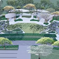 Scenic Park Landscape Design with Lush Greenery Winding Walkways and Wooden Pavilions