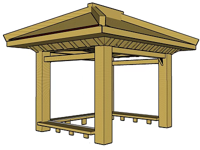 Traditional Wooden Pavilion With Open Design Roof And Support Pillars Beams 3d model