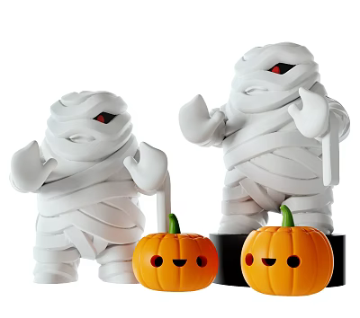 Stylish Decorative Figurine Set With White Mummy Figurines And Orange Pumpkin Decorations 3d model