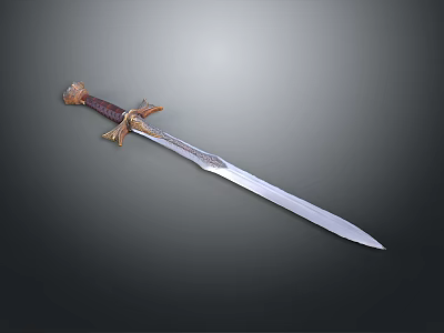 Medieval Decorative Sword With Brown Handle Silver Blade And Golden Ornamental Guard 3d model