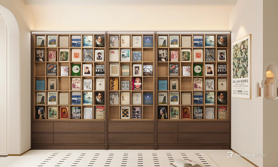 Wooden Bookshelf Filled With Various Colorful Book Spines And Art Prints 3d model 