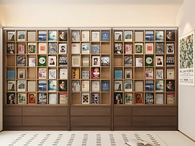 Wooden Bookshelf Filled With Various Colorful Book Spines And Art Prints 3d model