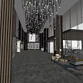 Elegant Lobby Interior With Chandelier Columns Sofa And Glass Windows Car