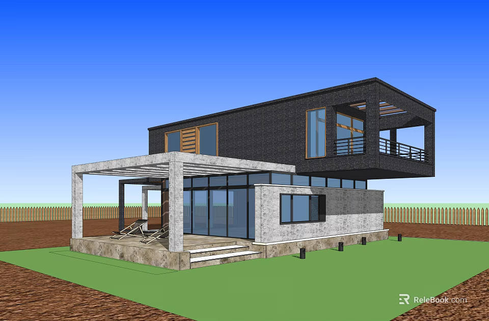 Modern Single Family House With Large Glass Windows Flat Roof And Stone Terrace 3d model 