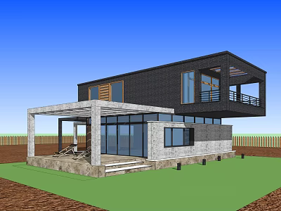 Modern Single Family House With Large Glass Windows Flat Roof And Stone Terrace 3d model