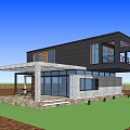 Modern Single Family House With Large Glass Windows Flat Roof And Stone Terrace