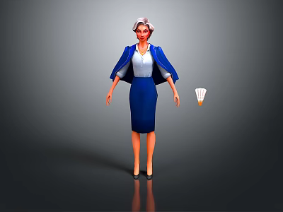 Female Game Movie Character Wearing Blue Coat Skirt White Shirt and Hat with Badminton Shuttlecock 3d model
