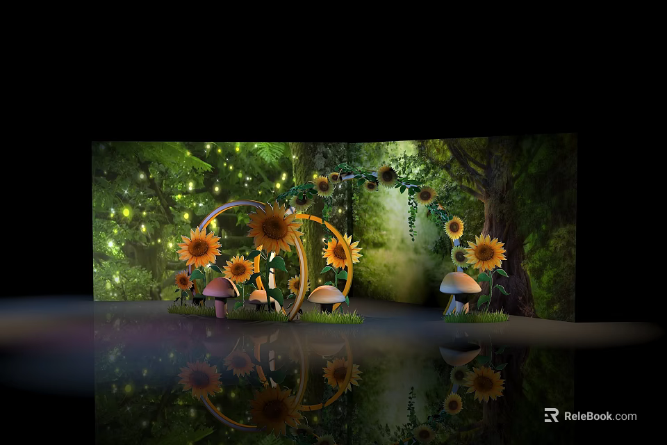 Enchanting Photo Spot Featuring Sunflowers Mushrooms Circular Arch Green Plant Background Fairy Lights Reflective Floor 3d model 