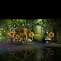 Enchanting Photo Spot Featuring Sunflowers Mushrooms Circular Arch Green Plant Background Fairy Lights Reflective Floor
