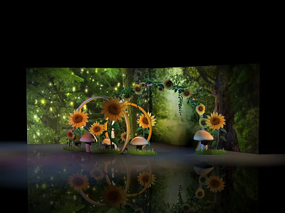 Enchanting Photo Spot Featuring Sunflowers Mushrooms Circular Arch Green Plant Background Fairy Lights Reflective Floor 3d model