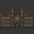 Castle Style Building with Red Spires Circular Clock and Stone Exterior